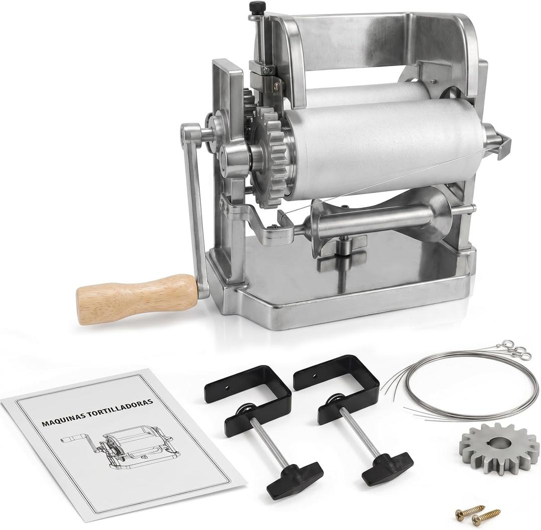 Manual Tortilla Maker Machine, 5.5-Inch Corn Tortilladora, Roller Cutter
Aluminum Hand-Crank Tortilla Machine for Corn Masa Only, Makes Uniform Tortillas with 2 Table Clamps and Wood-Mount Base