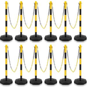 Traffic Delineator Post Cone, Plastic Stanchion Post Set Crowd Control Stands Barrier with 6.6 ft Link Chain and S Hooks for Parking Lot Construction Caution Roads, Yellow, Black (12 Sets)