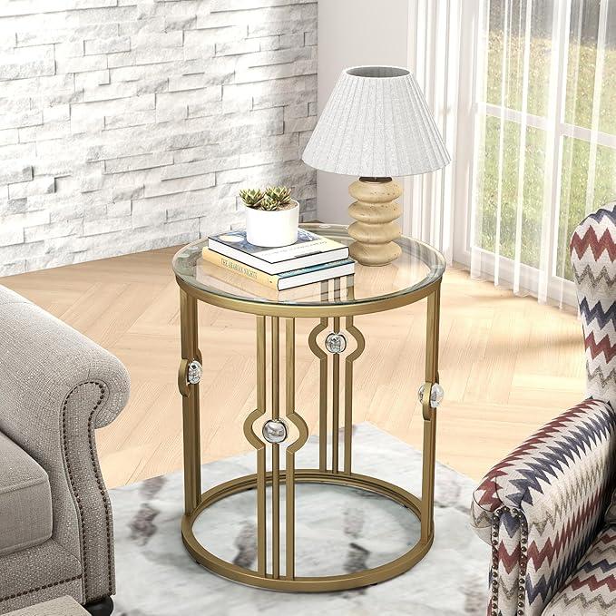 OIOG Glass End Table, Living Room Side Table with Tempered Glass & Metal Frame, Gold Side Table for Bedroom Office