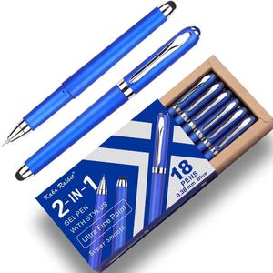 Gel Ink Rollerball Stylus Pen - 18 Pack,0.38mm Gel Pen Extra Fine Point,2 in 1 Capacitive Stylus Pen,Blue Ink,Writing Smoothly for Office,Business,Gift,Metal Silver Clip