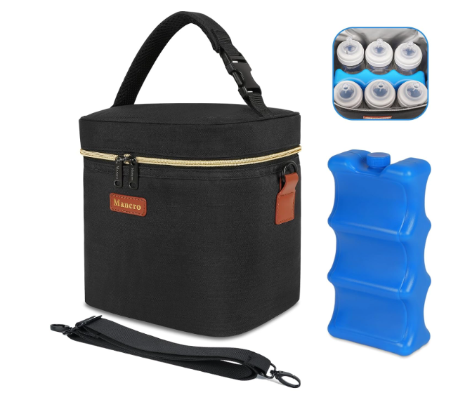 Mancro Breastmilk Cooler Bag with Ice Pack, Fits 6 Baby Bottles Up to 9 Ounce Insulated Baby Bottle Bag, Breast Milk Cooler on The go with Strap, Bottle Storage Bag for Nursing Mom Daycare, Black 