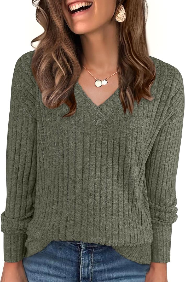 ANRABESS Long Sleeve Shirts for Women V Neck Casual Fall Tops Loose Fit Lightweight Sweaters Tunic Fashion 2025 Clothes (Small, Deep Green)