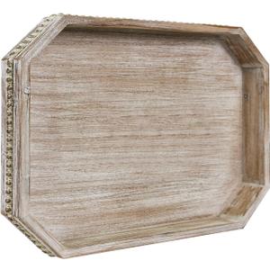 MAONAME Wood Serving Tray, Farmhouse Wooden Tray for Coffee Table, Octagonal Beaded Trays, Washed White Decorative Trays for Living Room, Kitchen, 15.7" X 10.2" X 1.6"