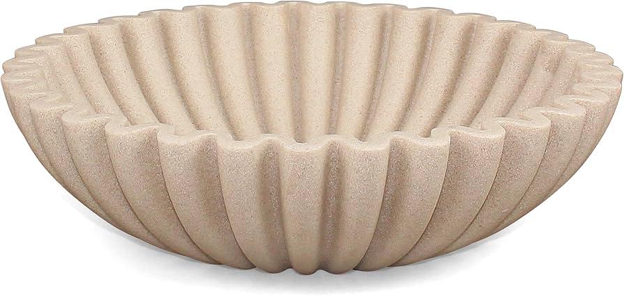 Ruffle Decorative Bowl, Large Fruit Bowl for Kitchen Counter, Stylish Key Bowl for Entry Table, Handcrafted Home Decor Display bowl, Artificial Stone Beige