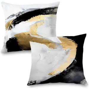 Abstract Black White and Gold Pillow Covers 24x24 Set of 2 - Modern Pillow Covers, Modern Home Decor, Black and Gold Decorative Pillows Cover for Couch Living Room Bedroom