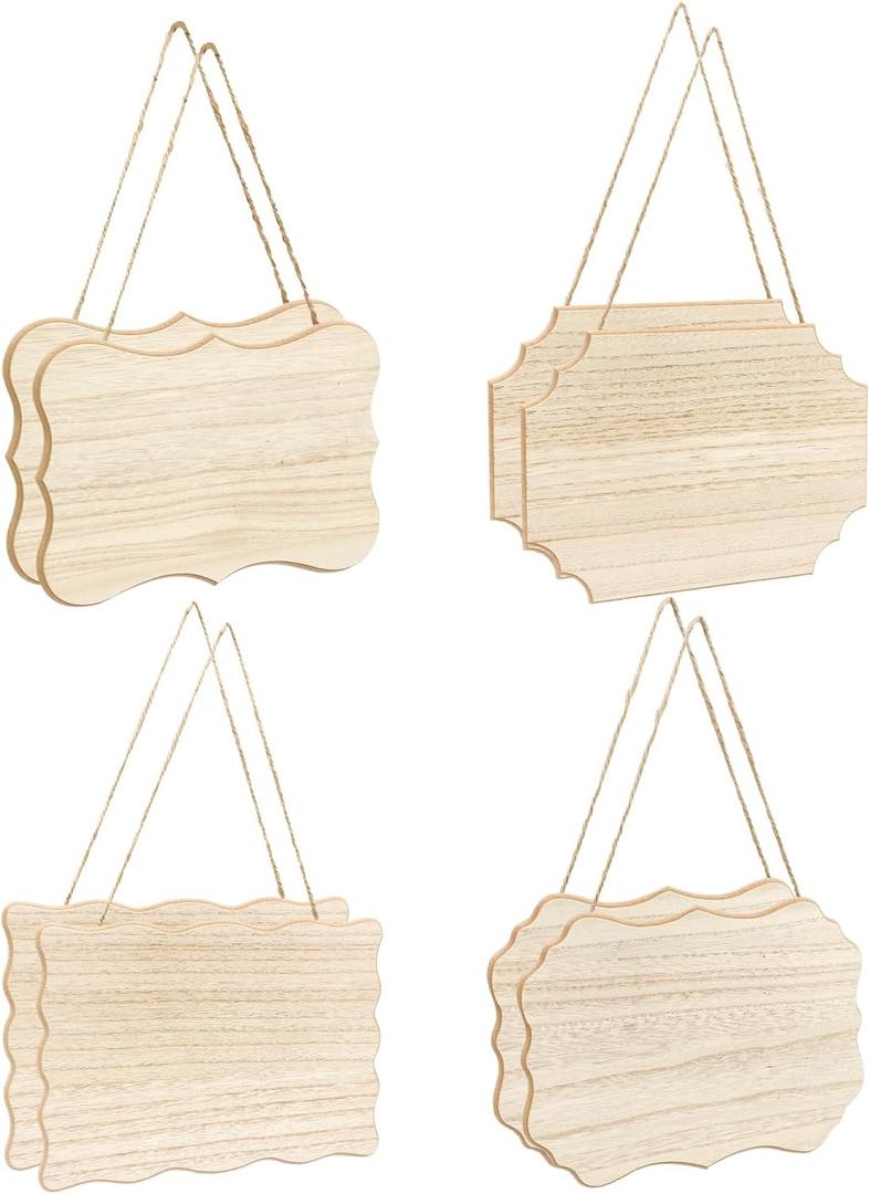 8 Pack Unfinished Wood Signs with Jute Hanging Unpainted Wooden Plaques for Homemade Crafts 4 Styles Assorted (6 x 9 in)