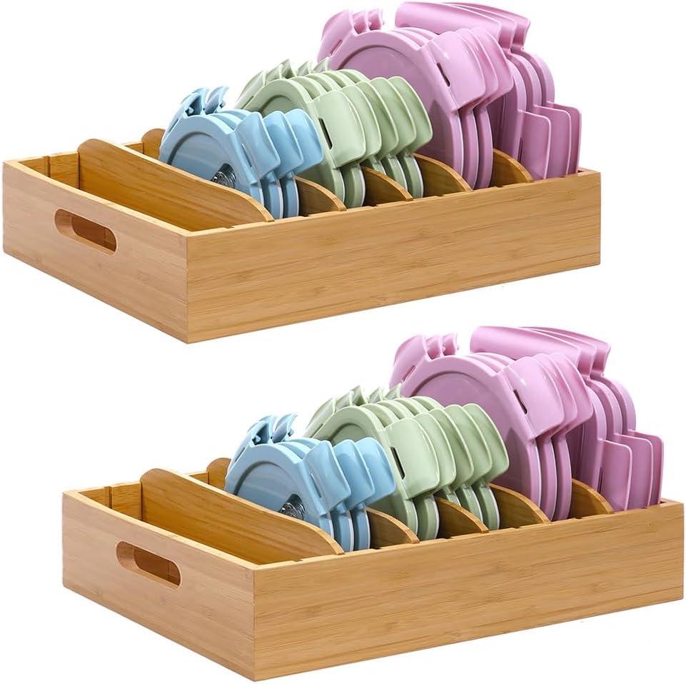 Bamboo Lid Holder Food Container, Kitchen Organizer with 5 Adjustable Dividers, Cabinet Organizer for Food, Kitchen Gadget, Container Lids (2pcs)