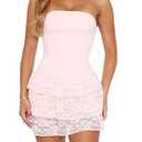 Women's Strapless Lace Mini Dress Tiered Ruffle Skirt Tube Top Dress Slim Fit Cocktail Party Homecoming Outfit (Light Pink, S)