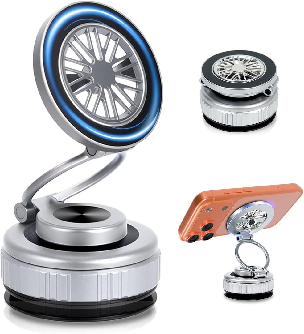 2026 Upgraded 360 Nano Gel Vacuum Magnetic Car Phone Holder,Reinforced Ultra Suction Cup Pocket Size Foldable Phone Mount for Dashboard/Gym/Mirror MagSafe iPhone Air 17 16 15 14 13 12 Pro Max(Silver)