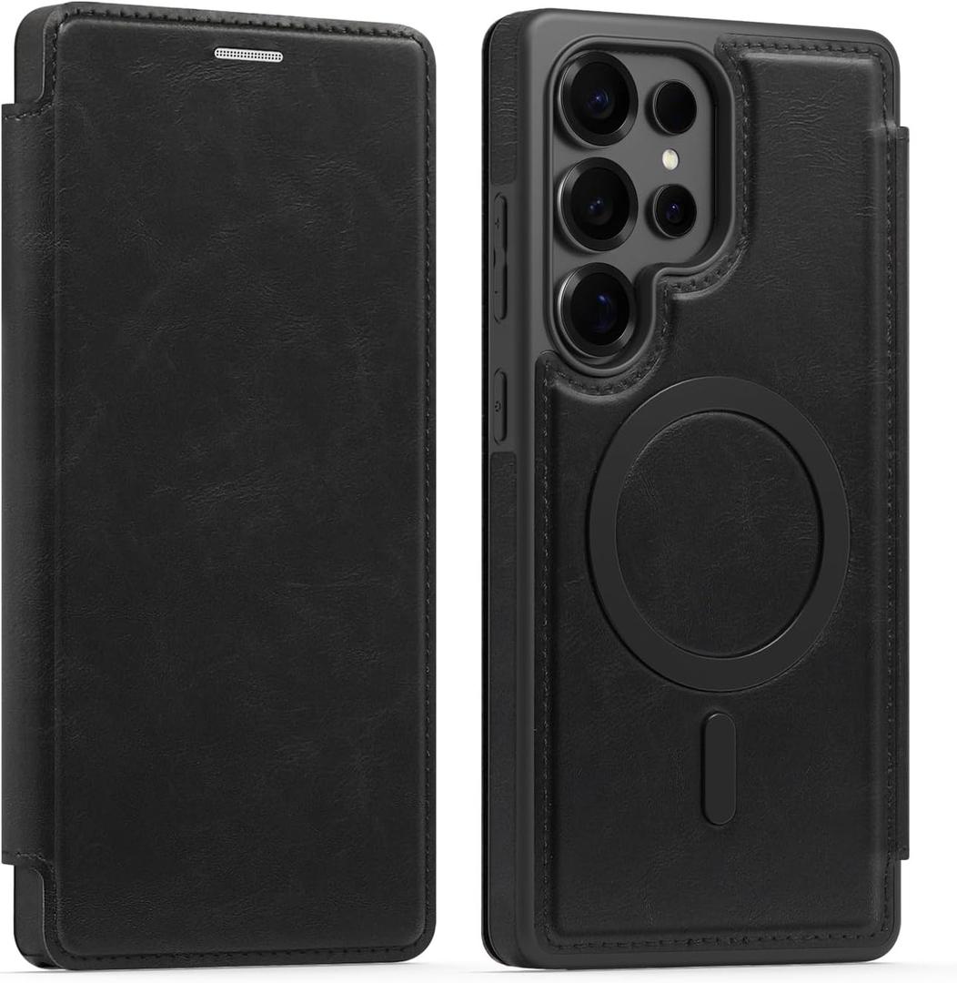Lunivop Compatible with Samsung Galaxy S25 Ultra Case 2025 6.9 '' Flip Cover PU Leather RFID Blocking Card Holder Wallet Compatible with Magsafe Magnetic Phone Case for S25Ultra (Black)