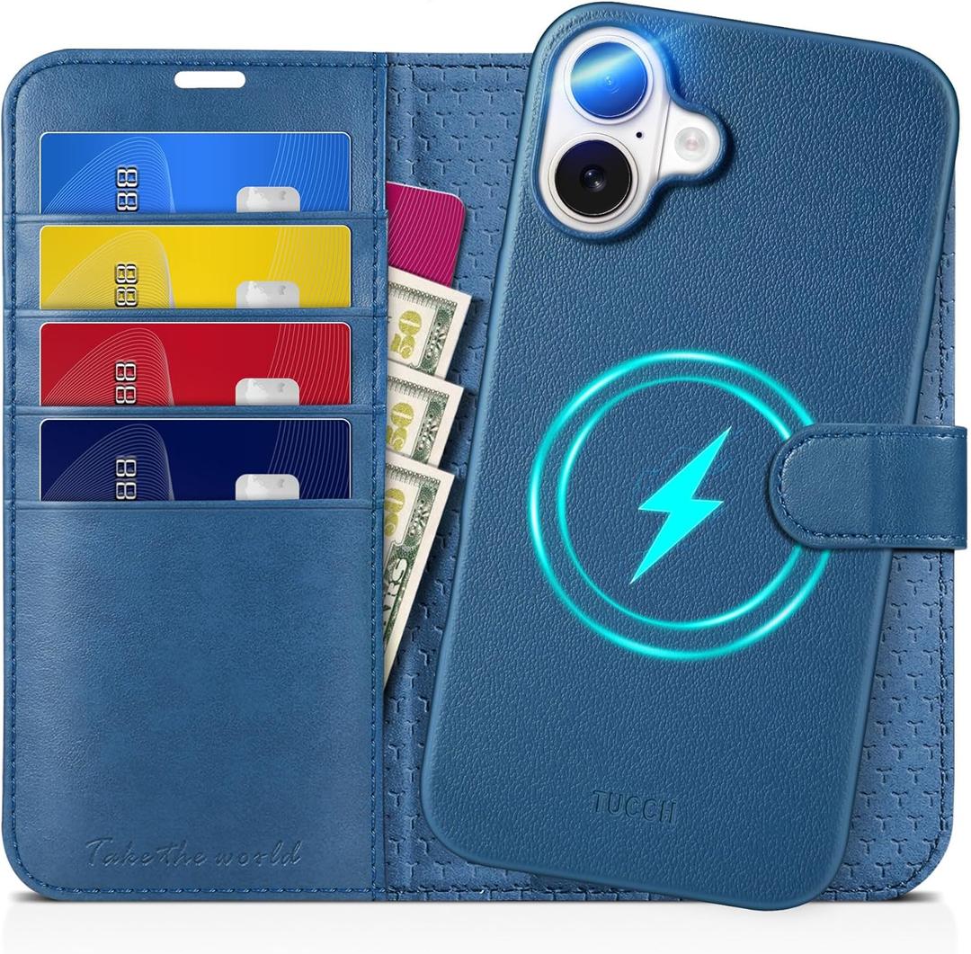 TUCCH Case Wallet for iPhone 16 Plus, [Detachable] Stand RFID Blocking 4 Card Slots Shockproof Wireless Charging Case, PU Leather Removable Flip Cover Compatible with iPhone 16 Plus, Light Blue