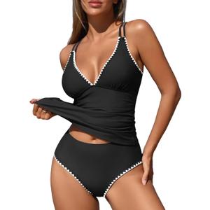 ZAFUL Womens Tankini Swimsuits V Neck Push Up Swim Top Color Block Tummy Control High Waisted Bathing Suits Swim Bottom (Medium)