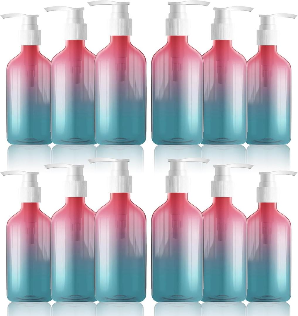 12 Pieces Empty Clear Gradient Color Pump Bottle, 8.4 oz Refillable Plastic Dispenser Bottles with Pump, Travel Lotion Container for Shampoo Hand Body Soap Oil Massage Moisturizer Face Cream Liquid