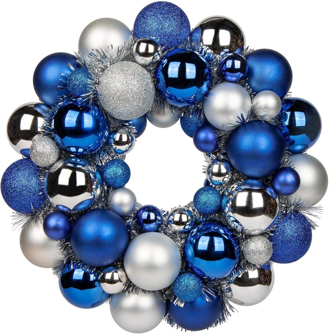 Christmas Ball Wreath 13" Xmas Wreaths Ornaments Glitter Thicken Shatterproof Garland Decoration for Door Wall Mantel Holiday Party Decor, Blue & Silver