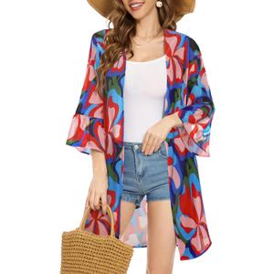 Women's Kimono Cardigans Floral Chiffon Loose Open Front Casual Summer Tops (S)