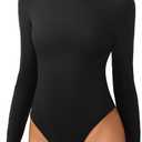 AFITNE Womens Crew Neck Long Sleeve Bodysuit Basic Trendy Tummy Control Double Lined Thong Body Suit Tops Shirts (Small, Black)