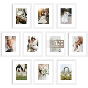 upsimples 8x10 Picture Frame Set of 10, Display Pictures 5x7 with Mat or 8x10 Without, Multi Photo Frames Collage for Wall or Tabletop Display, White