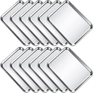 Potchen 12 Pcs Baking Sheet Pan Set 9 x 6.7 x 1 Inches Cookie Sheet Small Toaster Oven Pans Stainless Steel Tray Barbecue Grill Pan Rectangle Trays Oven, Non-stick, Easy Clean