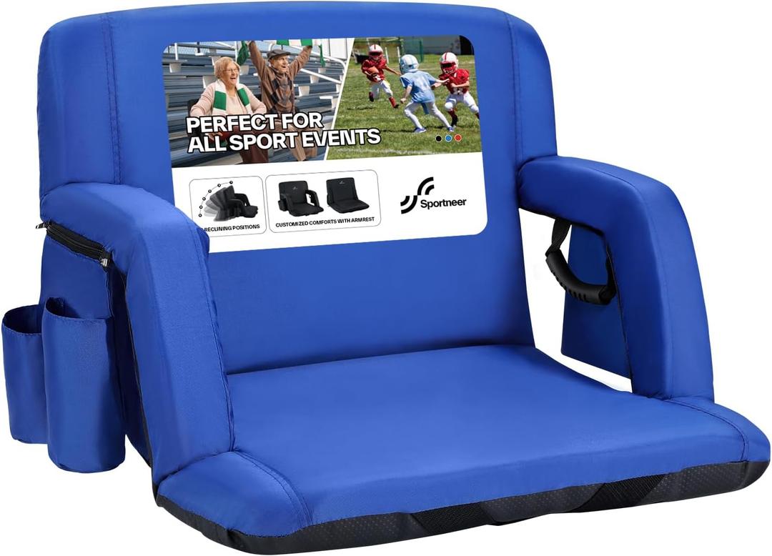Sportneer Stadium Seats with Back Support: 2.5'' Thick Comfy Cushion 6 Adjustable Angle Bleacher Seat with Armrest - 2 Large Pockets, 2 Cup Holders Stadium Chair for Sport Events Concerts Parks (Non-Heated, Extra Wide - 24", Blue)