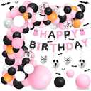 Halloween Pink Birthday Party Decorations Balloon Arch Foil Balloon Banner Bat Hanging Swirl for Halloween Happy Boo Day Baby Shower Party Supplies, Pack 3