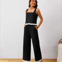 Women's 2 Piece Outfits Summer Sets Linen Sleeveless Crop Tank Top Wide Leg Pants Cruise Vacation Lounge Matching Sets (Black, XXL)