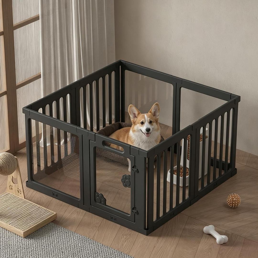 Clear Acrylic Dog Playpen with Secure Lock Door, Indoor Puppy Enclosure
8-Panel 24 Inch Tall, Lightweight Durable Washable Plastic, Easy Setup, Low Maintenance & Simple Cleaning (Black)