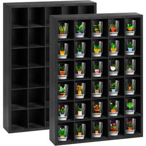 2 Pcs Shot Glass Display Case, Black Wooden Shot Glass Shelf with Removable Shelves, Wall Mounted Shadow Box Thimble Display Case, 30 Slots