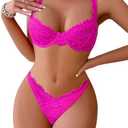 Lilosy Sexy Floral Lace Scallop Underwire Push Up Sheer Lingerie Set Outfits M