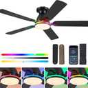 Ceiling Fans with Lights- 52" RGB Low Profile Indoor Ceiling Fan with Light and Remote/APP Control, Flush Mount, LED Dimmable DC Reversible Modern Ceiling Fan for BedroomBlack