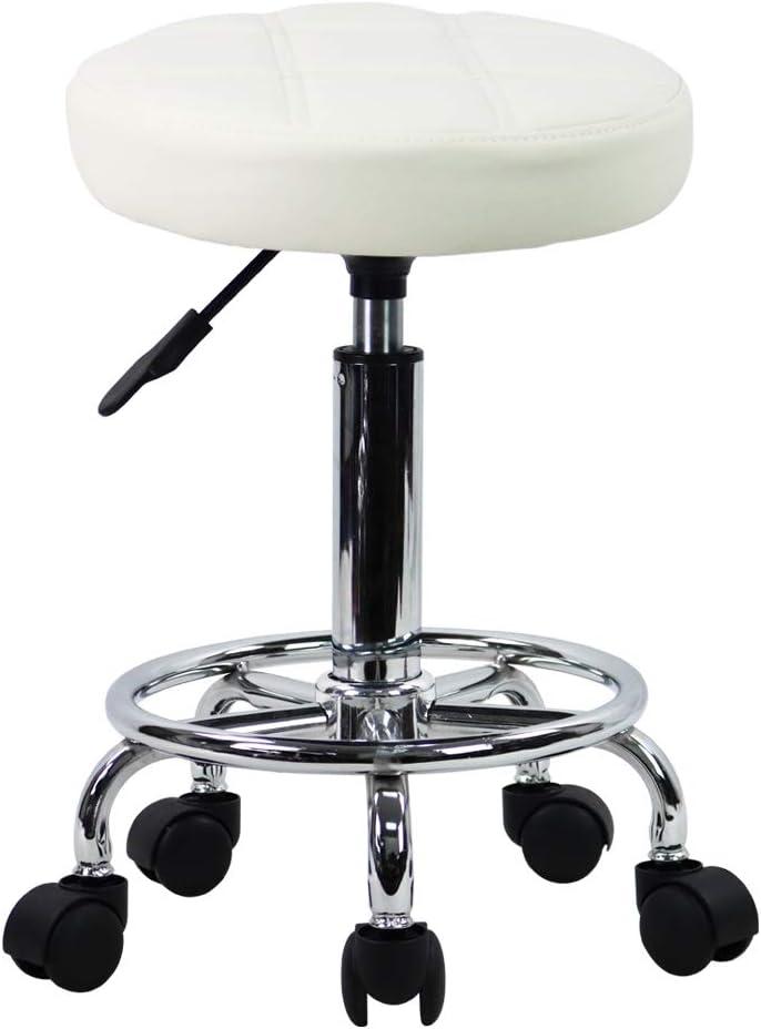 KKTONER Round Rolling Stool Chair PU Leather Height Adjustable Swivel Drafting Work SPA Shop Salon Stools with Wheels Office Chair Small (White)