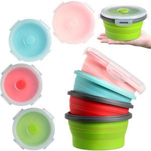 Suclain 4 Pcs Collapsible Bowls with Lids Silicone Camping Food Storage Container Expandable Folding Salad Lunch Box Travel Container for Hiking Camping (27 oz, Red, Pink, Blue, Green)