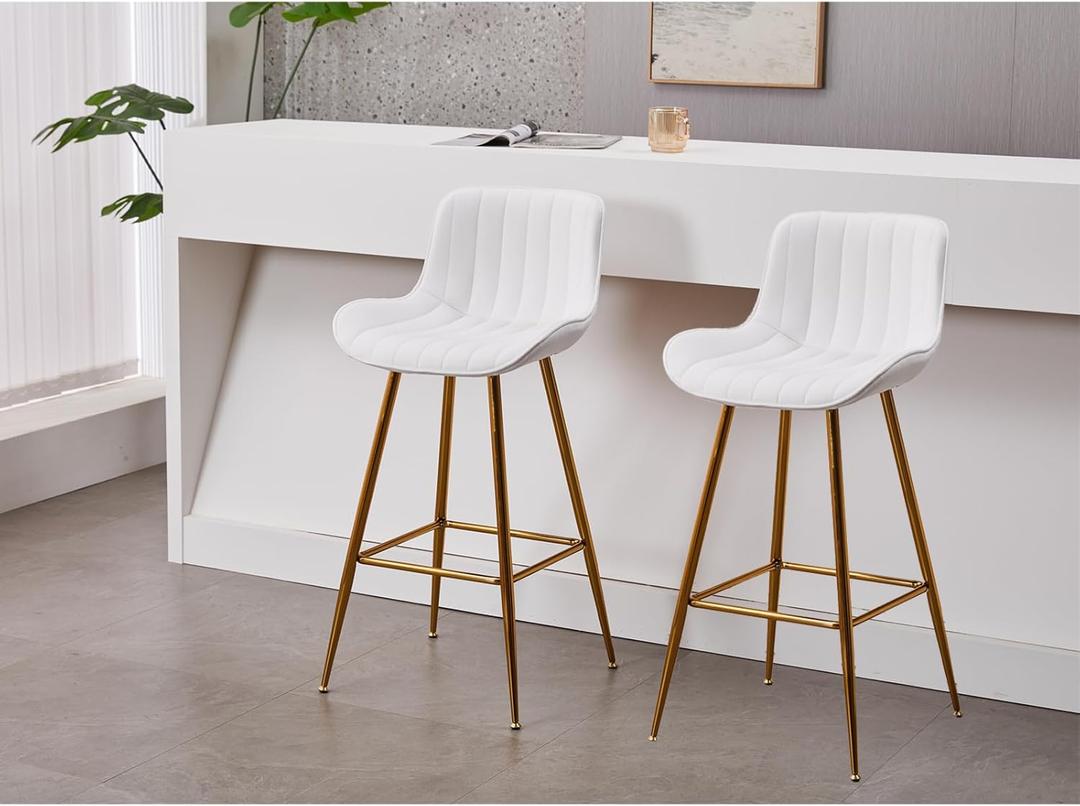 Sidanli Velvet Bar Stools with Gold Legs, Set of 2 Counter Height Stools for Kitchen Island, 29 Inch Modern Barstools with Swivel Leveling Feet, White