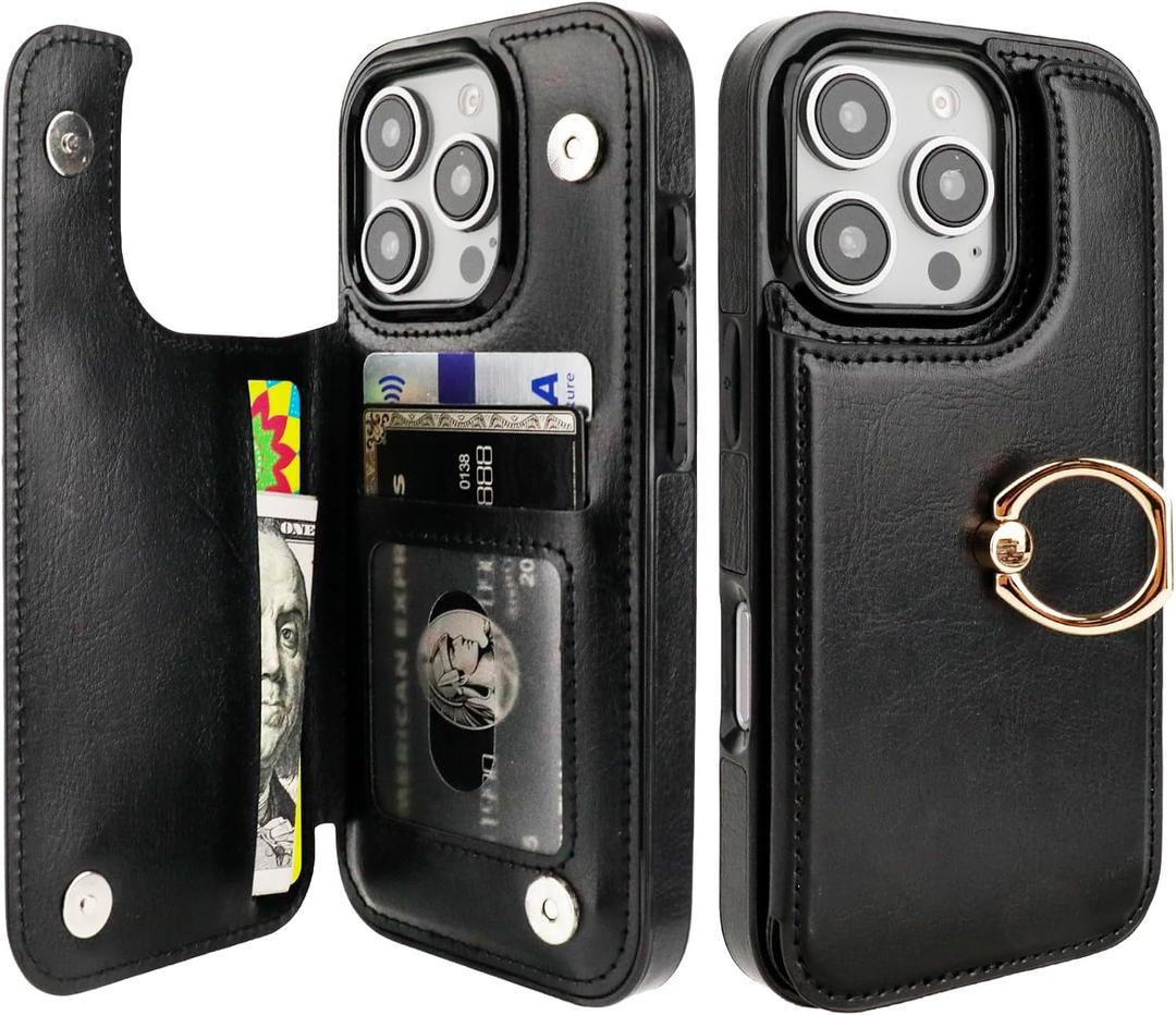 ONETOP for iPhone 16 Pro Wallet Case with Card Holder, 360 Rotation Ring Kickstand RFID Blocking PU Leather Double Magnetic Clasp Shockproof Cover for Women and Girls 6.3 Inch (Black)