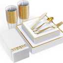 FOCUSLINE 175 Count Gold Dinnerware Set for 25 Guests - Square Plastic Plates with Gold Rim, Includes 25 Disposable Dinner & Dessert Plates, Napkins, Cups, Cutlery Set for Wedding Parties