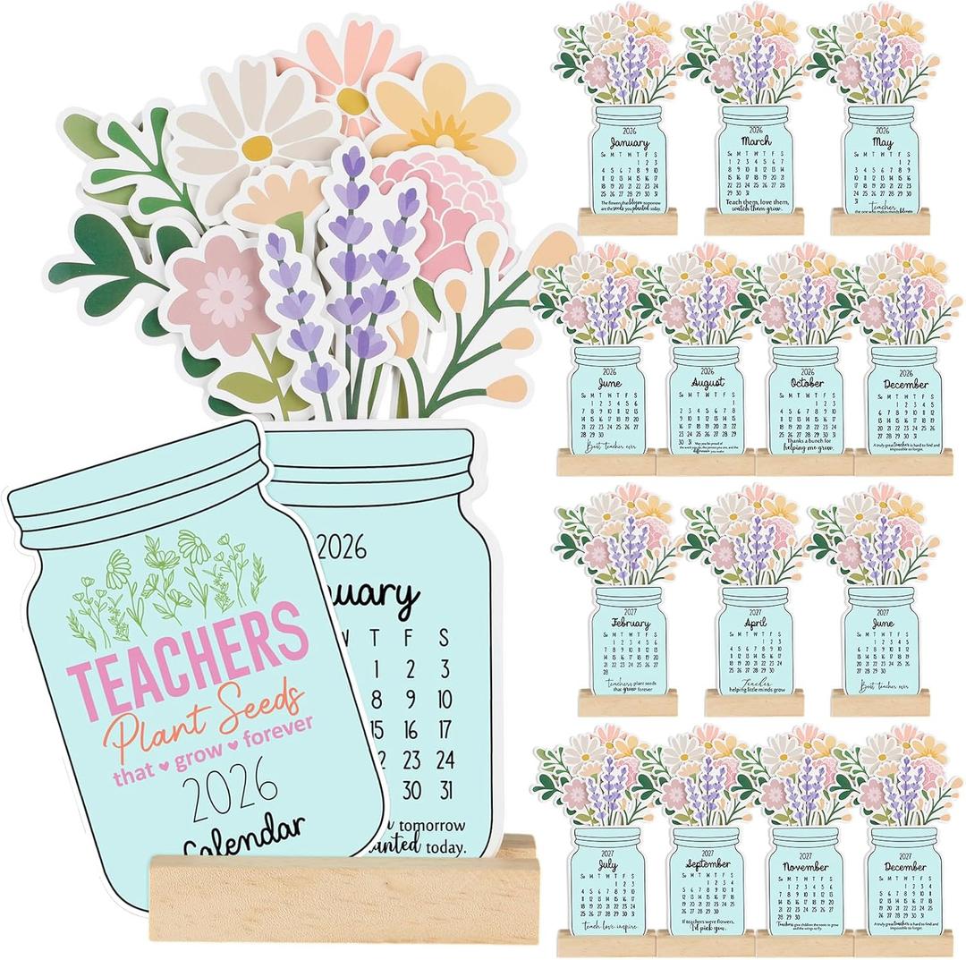 Crtiin 15 Sets Teacher Appreciation Gifts Desk Calendar 2026 2027 with Wooden Stand Mini Monthly Calendar Desktop Thank You Gift for Teacher Mentor Teaching Assistants Staff Office Supplies