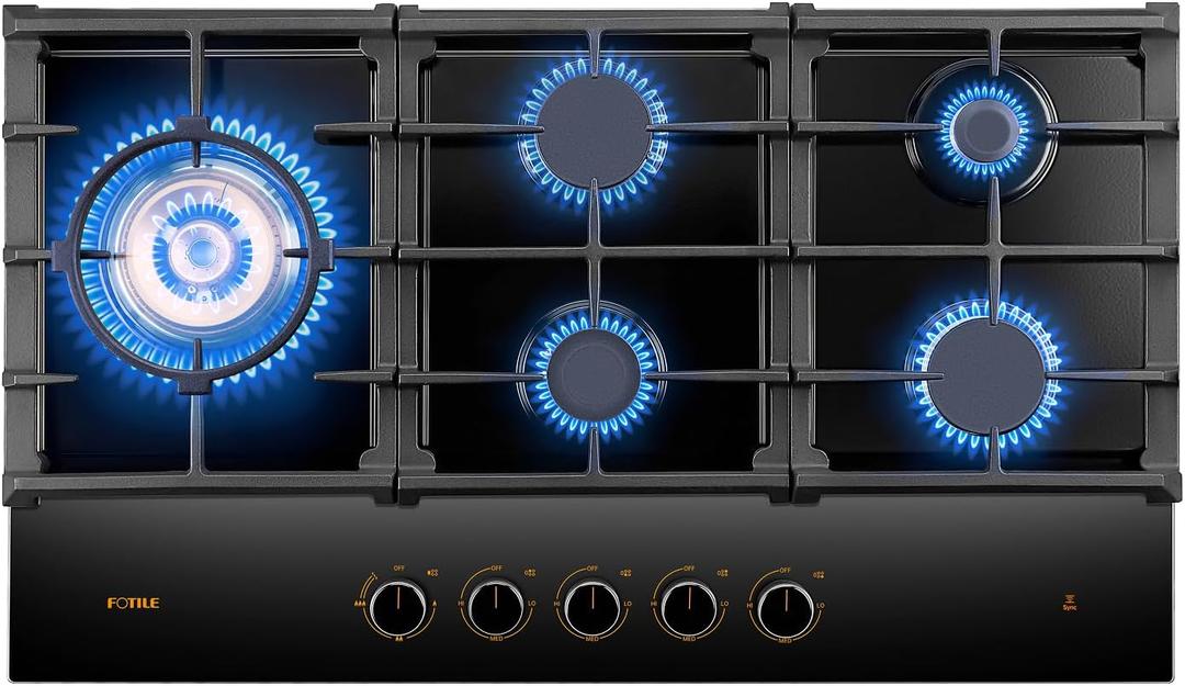 FOTILE GLG36501 36 Black Tempered Glass 5-Burner Gas Cooktop, Tri-Ring 18,000 BTUs Left Burner with Flame Failure Protection Removable Grates and Installation/LP Kit