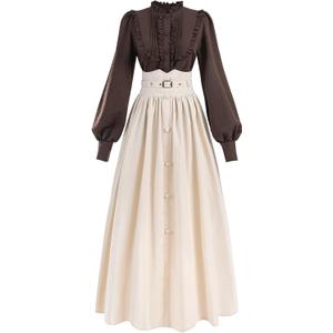 NSPSTT Victorian Dresses Edwardian Dress for Women Long Sleeves Victorian Blouse Maxi Dress Brown, Size Large