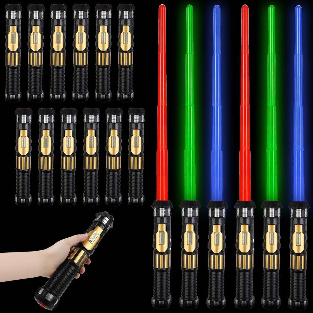 Liberty Imports 12 Pack LED Light Up Sabers Set - Motion Sensitive Retractable Swords with FX Sound Effects for Kids Party Supplies, Bulk Party Favors and Cosplay (Full Retract)