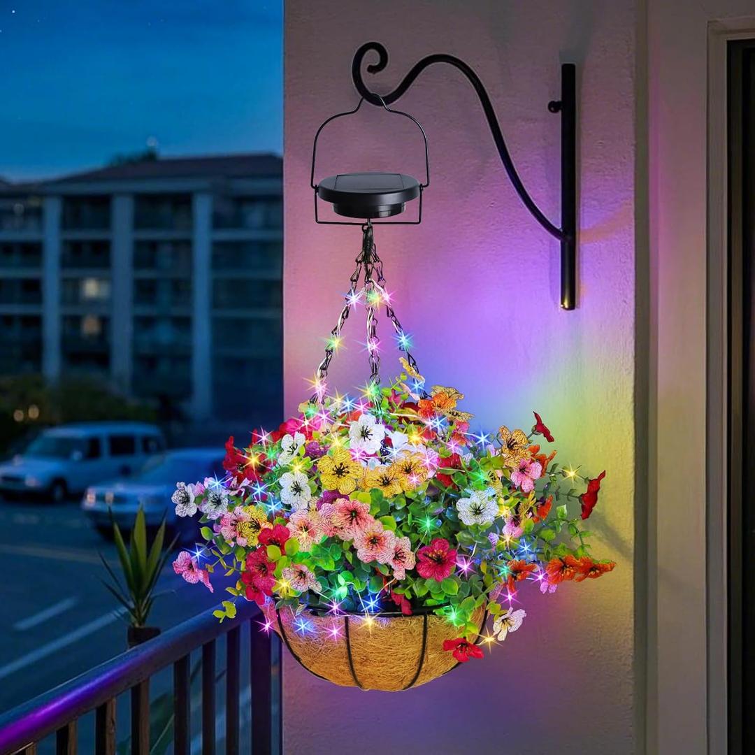 Solar Artificial Hanging Flowers Basket: Fake Hanging Plant Basket with RGB Solar String Lights for Outdoor - 10 Inch Hanging Baskets with Colorful Faux Flowers for Outside Porch Yard Patio Garden