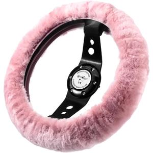 Andalus Brands Luxury Fluffy Car Steering Wheel Covers  Genuine Merino Sheepskin, Soft Fuzzy Car Steering Wheel Cover for Women, Universal 14.5-15" Size, Plush Fur Cute Auto Accessories, Pink