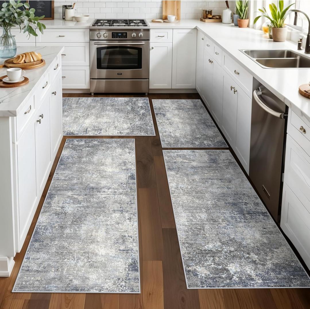 Kitchen Rug Set 4-Piece with Runner Washable Non-Slip Floor Mats for Sink,Entryway,Hallway,Bathroom Modern Abstract Neutral Soft Throw Rugs(Blue Grey,2x3+2x4+2x5+2x6)