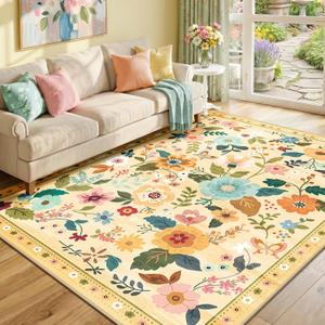 RELEANY Floral Nursery 6x9 Area Rugs Washable Print Boho Cute Carpet Non Slip Flower Low Pile for Living Room Kids Girls Playroom Bedroom Kitchen Office Farmhouse-Ivory/Yellow