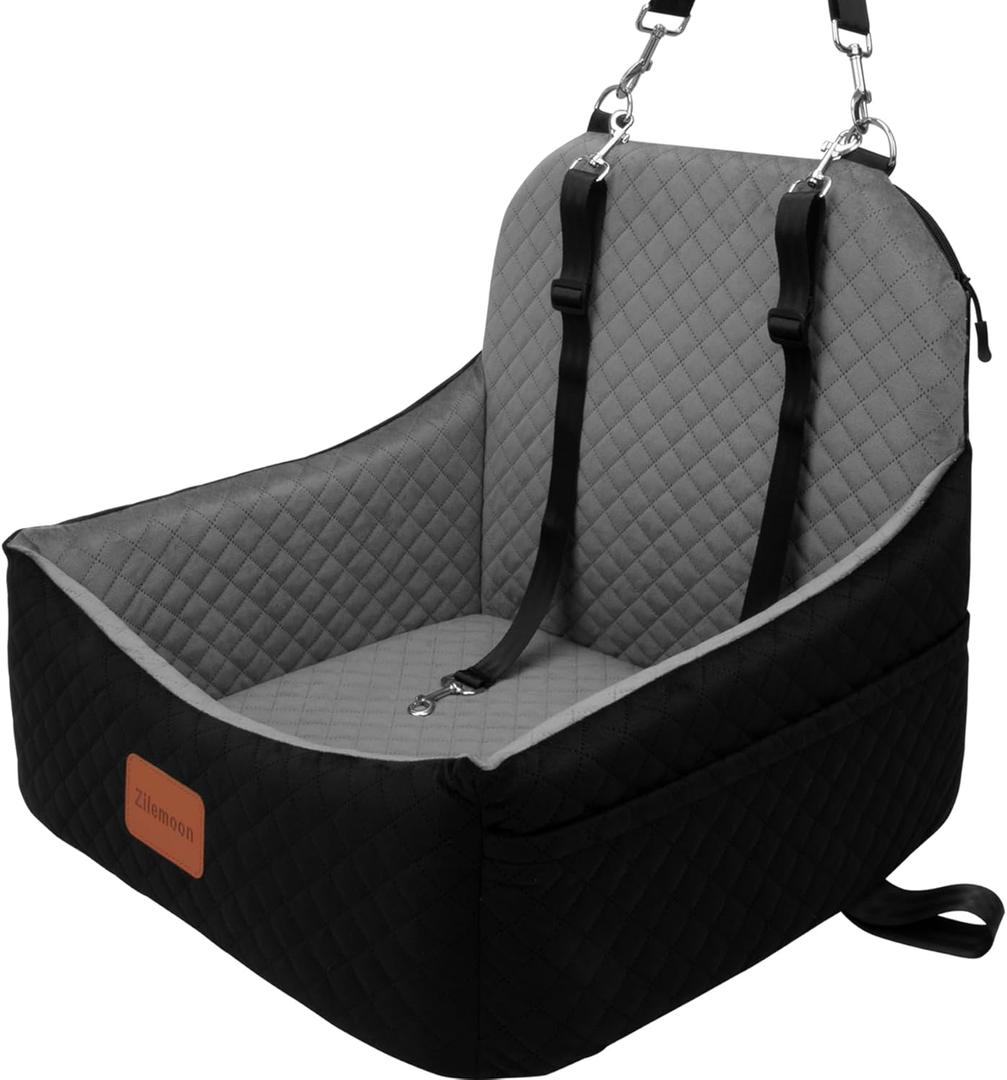 S1 Car Dog Seat with 2 Safety Leashes, Booster Seat for Small Dogs 0-28lbs, Pet Travel Safety Bed with Storage Pockets, Fully Detachable and Easy to Install (Black Outside, Grey Inside)