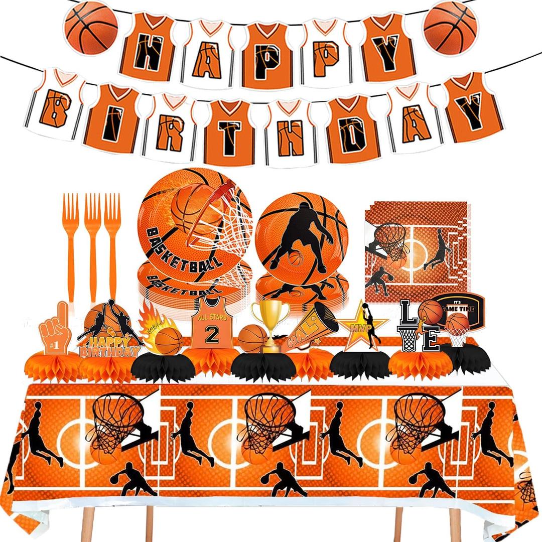 Basketball Party Supplies, Basketball Birthday Party Decorations Tableware Set,Include Honeycomb Centerpieces Table Decoration and Napkins,Cups,Plates,Banner,Tablecloth (Set B)