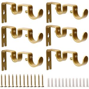 Double Curtain Rod Bracket 6 Pack Metal Curtain Rod Holders for Wall Sturdy Curtain Bracket for 1 Inch Curtain Rod Gold Wall Mounted Curtain Rod Hooks for Bedroom Living Room Patio