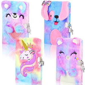 Ctosree 3 Pcs Plush Diary with Lock and Keys Journals Fuzzy Notebooks Gift Cute Dog Cat Unicorn Bear Secret Writing Journal for back to School Travel Birthday 8.5 x 5.8 inch