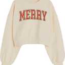 Merry Christmas Sweatshirts Women Vintage Merry Cropped Sweatshirt Xmas Party Holiday Crop Pullover Top (Beige, XL)