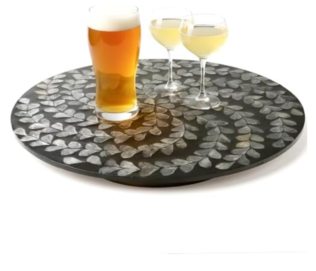 13.8" Mother of Pearl Lazy Susan Turnable Organizer, 360 Degree Round Table Countertop Decorative Spinning Tray for Kitchen Cabinet Counter Spice Pantry Dinner Table (Black Wicker)