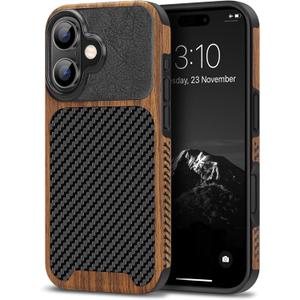 TENDLIN Compatible with iPhone 16 Plus Phone Case Wood Grain with Carbon Fiber Texture Design Leather Hybrid Slim Case (Black)
