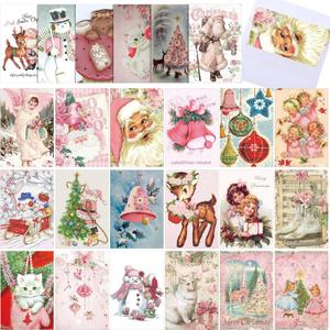 24 Pack Vintage Christmas Cards Pink Christmas Cards with Envelopes Retro Victorian Christmas Cards Assorted Greeting Cards Xmas Holiday Postcard for Classroom Exchange Crafting Friends Gifts